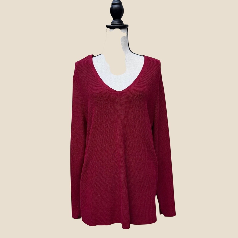 J. Jill Womens XL Burgundy Red V-Neck Ribbed Cotton Blend Tunic Sweater